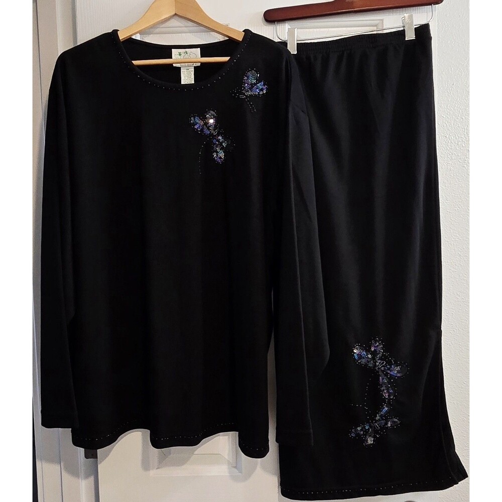 Vintage Quacker Factory Sequin Dragonfly Skirt Set 3X Black Fairycore Whimsy EUC